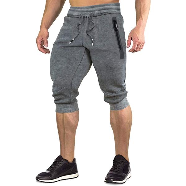 FASKUNOIE Men's 3/4 Joggers Elastic Cotton Capri Pants Below Knee Gym Short Pants with Zip Pockets