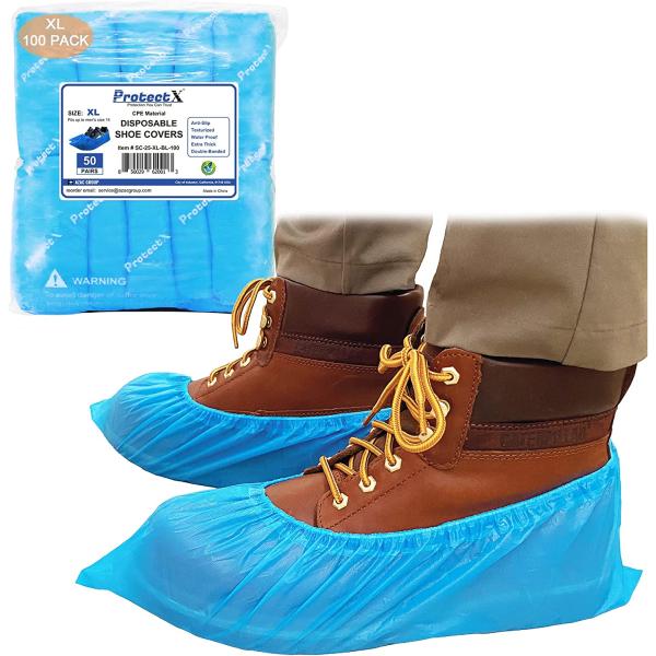 ProtectX Disposable Shoe & Boot Covers, XL Extra Large, 100-pack (50 pairs), Waterproof, Slip Resistant, Durable CPE plastic, Fits up to Men’s 14 US Size and All Women’s US Size Shoes