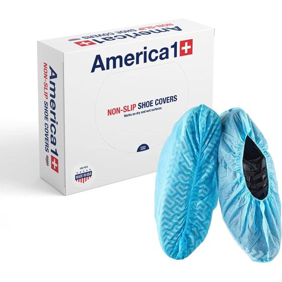America 1 Non Slip Disposable Shoe Covers Pack of 100 | Disposable Shoe and Boot Covers for Wet or Dry Surfaces | Floor and Shoe Protector for Workplace, Construction, Indoor Carpets | One Size