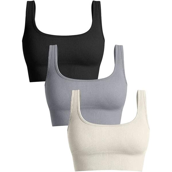 OQQ Women's 3 Piece Medium Support Tank Top Ribbed Seamless Removable Cups Workout Exercise Sport Bra