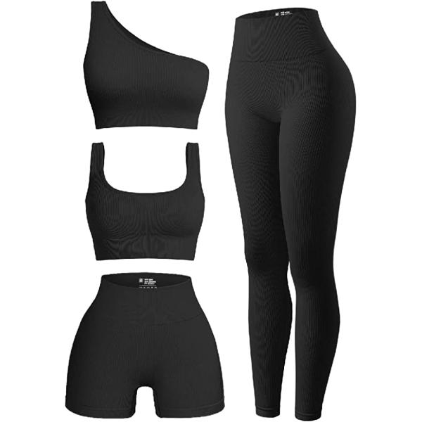OQQ Women's 4 Piece Outfits Ribbed Exercise Scoop Neck Sports Bra One Shoulder Tops High Waist Shorts Leggings Active Set