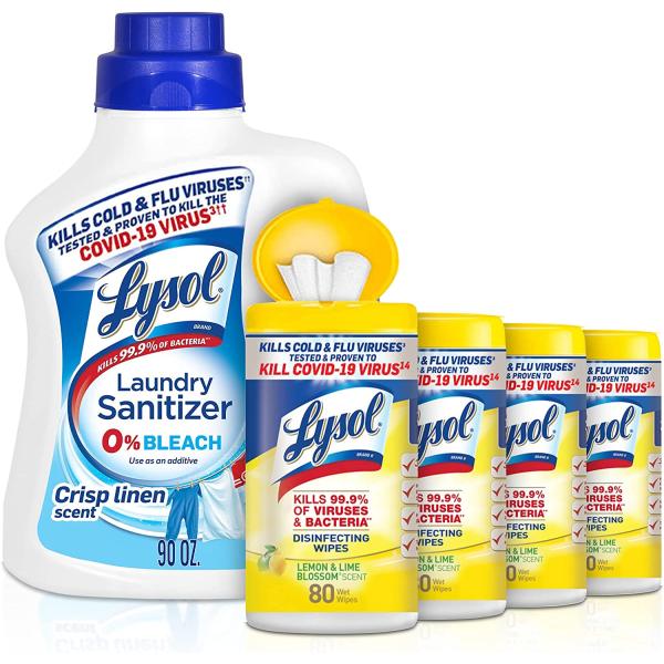 Lysol Laundry Sanitizer Additive, Crisp Linen, 90oz + Lysol Disinfecting Wipes, Lemon & Lime Blossom, 80 ct (Pack of 4), Packaging May Vary