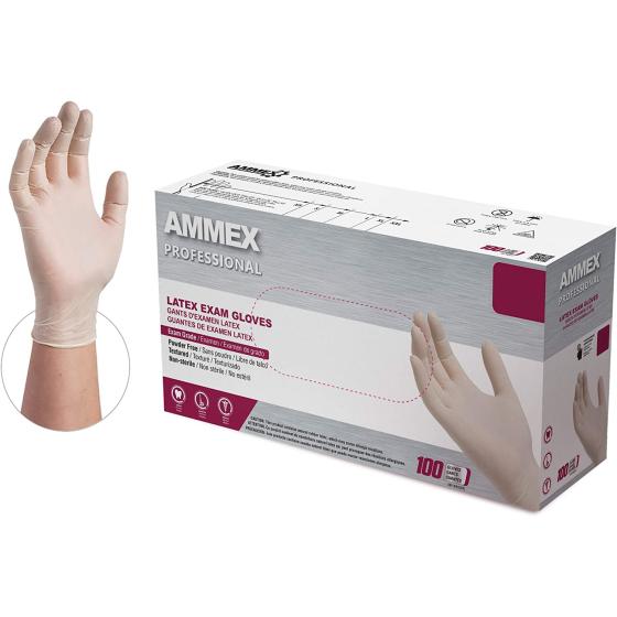 GLOVEPLUS AMMEX White Latex Disposable Exam-Grade Gloves, 4 Mil, Powder-Free, Food-Safe, Lightly-Textured, Non-Sterile