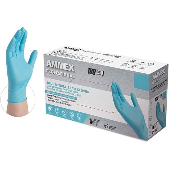 Ammex Blue Nitrile Disposable Exam-Grade Gloves, 3 Mil, Latex & Powder Free, Food-Safe, Lightly-Textured, Non-Sterile