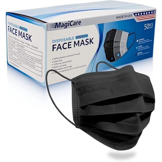 MagiCare Made in USA Masks - Black Face Masks Disposable - Premium 3 Ply Face Mask for Adults - Comfortable, Soft, Breathable - Black Face Masks Disposable Made in USA - 50ct Box