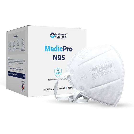 MedicPro N95 Mask NIOSH Approved Made in USA - N95 Particulate Respirator Filter Efficiency≥95% - White 5 Layer Face Masks for Men Women Adults and Health Workers, 20 Pack