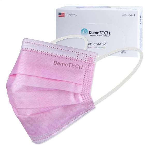 Protective 3-Layer Box of 50 Adult Disposable Face Mask with Ear Loops, Made in the USA, DemeTECH