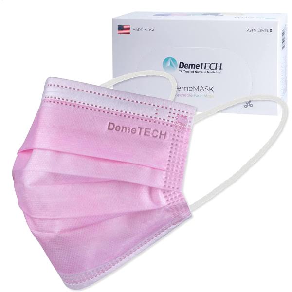 Protective 3-Layer Box of 50 Adult Disposable Face Mask with Ear Loops, Made in the USA, DemeTECH