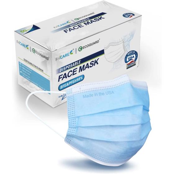 FriCARE Made in USA ECOGUARD Adult ASTM Level 3 Disposable Face Masks, 3 Ply Protection Breathable 50 Pack Elastic Earloop