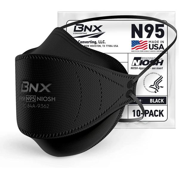 BNX N95 Mask Black NIOSH Certified MADE IN USA Particulate Respirator Protective Face Mask, Tri-Fold Cup/Fish Style, (10-Pack, Approval Number TC-84A-9362 / Model F95B) (Headband) Black