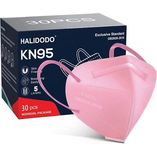 HALIDODO 30 Packs KN95 Face Mask, 5-Plyers Protection Cup Dust Face Mask, Breathable Protection Mask for Women Man, Pink