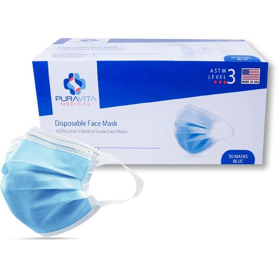 Made in USA - ASTM Level 3 Face Mask - 3 Ply Ultra Soft Earloop 50 Count, PuraVita - Filter Efficiency ≥ 98%