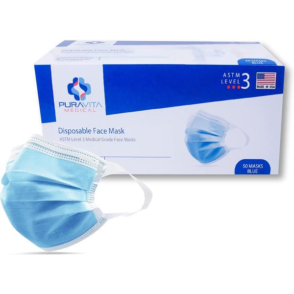 Made in USA - ASTM Level 3 Face Mask - 3 Ply Ultra Soft Earloop 50 Count, PuraVita - Filter Efficiency ≥ 98%