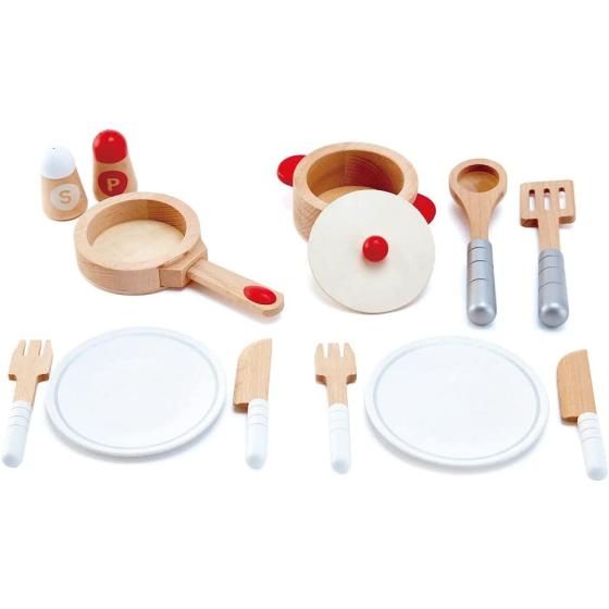 Hape?Cook & Serve Set?|?13 Piece Wooden Pretend Play Cooking Set with Accessories
