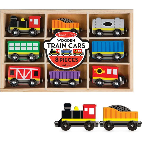 Melissa & Doug Wooden Train Cars (8 pcs) - Magnetic Train, Wooden Train Toys, Train Sets For Toddlers And Kids Ages 3+