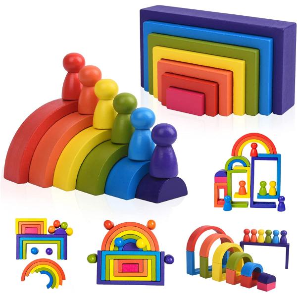 BOZE SUPOD Wooden Toys Rainbow Stacking Blocks-Montessori Toys Building Blocks for Toddler Age 1 2 3 4 Years Old Open Ended Preschool Activity Educational Toy Gifts for Kids-19PCS