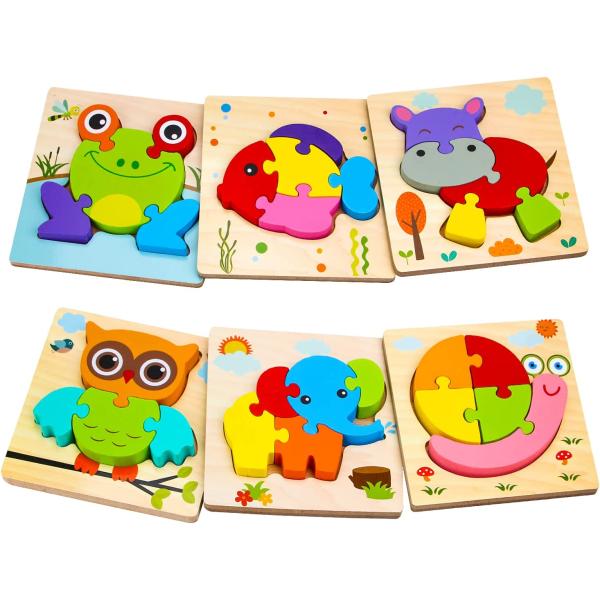 SKYFIELD Wooden Animal Puzzles for 1 2 3 Years Old Boys Girls, Toddler Educational Developmental Toys Gift with 6 Animals Baby Montessori Color Shapes Learning Puzzles