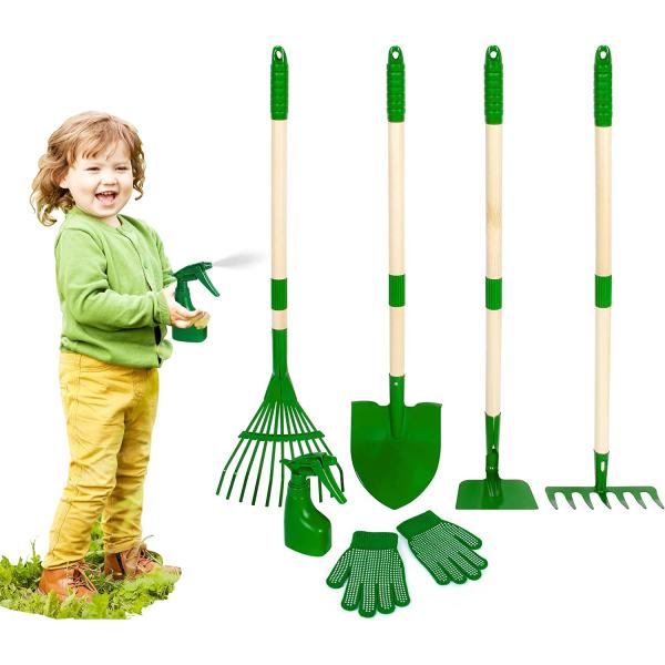 Duckura 6pcs Kids Garden Tools Set, Garden Tool for Kids, Shovel, Rake, Hoe, Leaf Rake, Gardening Gloves, Summer Outdoor Backyard Toys, Birthday Easter Gifts for Boys Girls Age 3 4 5 Years Old