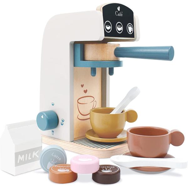 PairPear Kids Wooden Toys Coffee Maker Toy Espresso Machine Playset - Toddler Play Kitchen Accessories Gift for Girls and Boys
