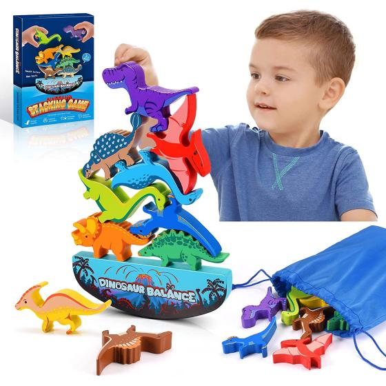 IPOURUP Dinosaur Toys for Kids 3-5: Wooden Stacking Montessori Toys for 3-7 Year Old Balance Competition Game for Family Ideal Easter and Birthday Gifts for Kids (Classic Version)