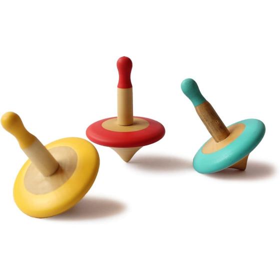 Shumee Colorful Organic Wooden Spinning Tops (3 Pcs)| Montessori & Kindergarten Toys for Balance & Coordination Skills| Gyroscope Fidget Spinner for Kids/Toddlers (3+ Yrs)