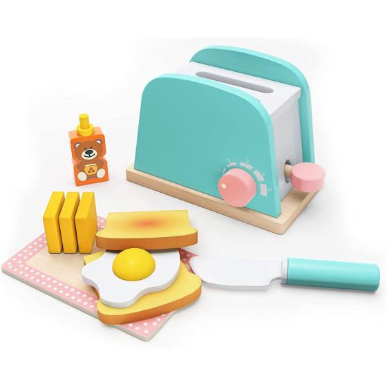 Toy Kitchen Wooden Pop-Up Toaster Play Set 10 Pcs, Interactive Early Learning Toaster, Exclusive Chopping Board, Knife, Poached Egg Honey Bear and Sliceable Butter, Fun and Colorful for Girls and Boys