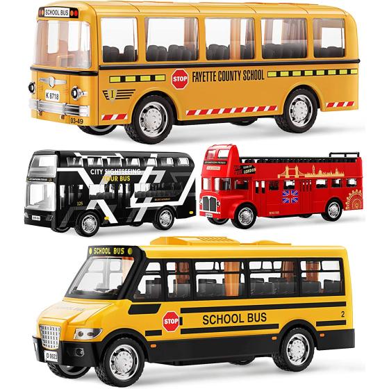 Geyiie School Bus Toys for Boys, Metal Toy Cars Play Set, Pull and Push City Buses Car Vehicles Gift for Collectors Girls Kids Toddler 3 4 5 6 7, Party Favor Preschool Toy