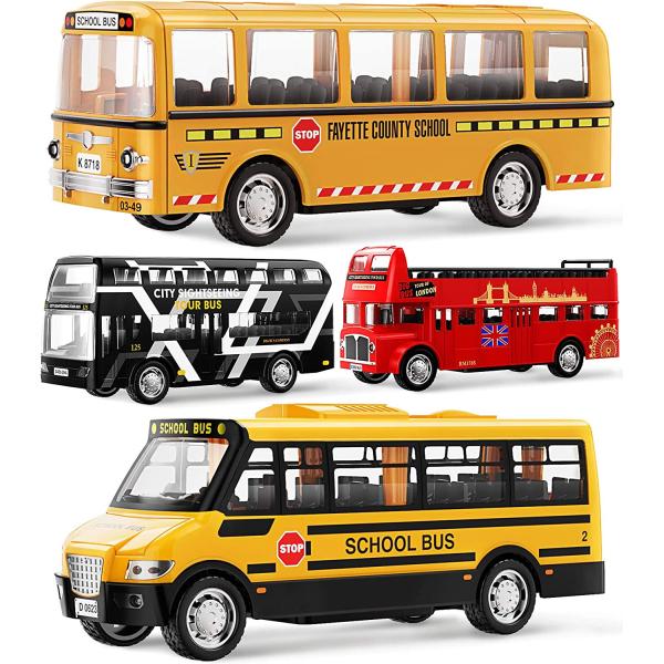 Geyiie School Bus Toys for Boys, Metal Toy Cars Play Set, Pull and Push City Buses Car Vehicles Gift for Collectors Girls Kids Toddler 3 4 5 6 7, Party Favor Preschool Toy