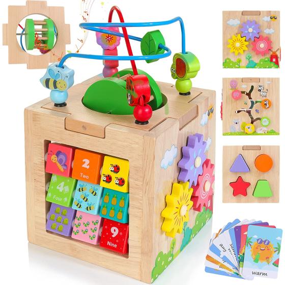 Kizfarm Wooden Activity Cube 1 Year Baby Toys, 8-in-1 Montessori Wooden Toys for 1 Year Old Boys Girls, Developmental Learning Sorting & Stacking Toy for Toddlers, 1st Birthday Gift