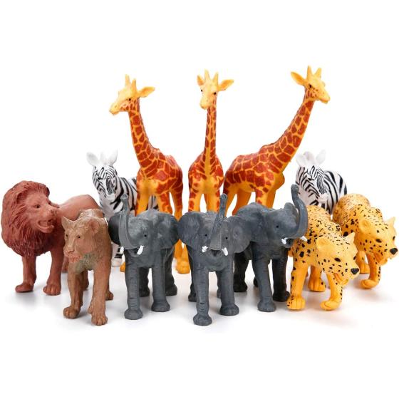 Jumbo Safari Animal Figurines Toys, 12 Piece African Jungle Zoo Animals Figures, Realistic Wild Plastic Animals Toy with Elephant, Giraffe, Lion Educational Playsets for Toddlers, Kids Birthday Set