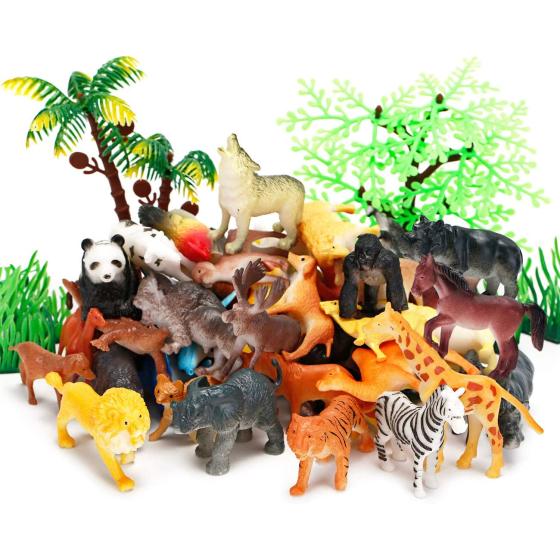 Animal Figurines Toys, 52 Pcs Small Mini Realistic Safari Zoo Plastic Animals Figures Learning Educational Toy Set for Kids Toddlers Jungle Wild Forest Animals Playset Cupcake Topper