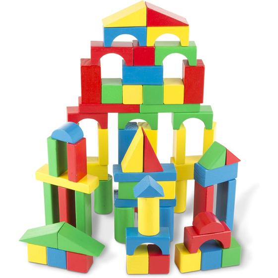 Melissa & Doug Wooden Building Set - 100 Blocks in 4 Colors and 9 Shapes