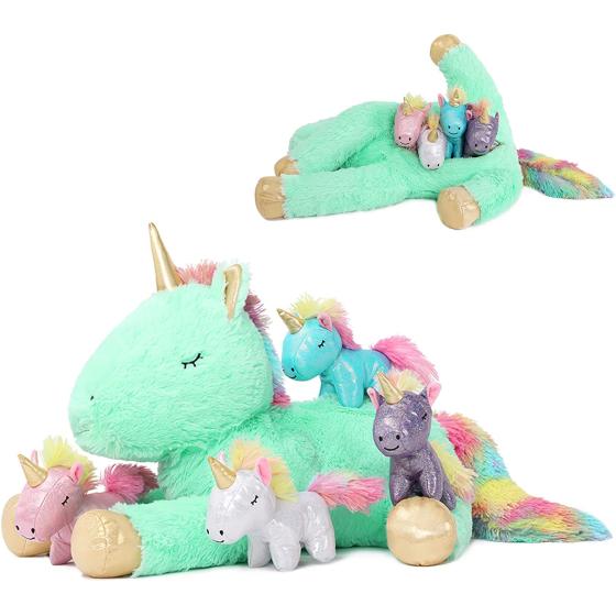 Tezituor 24 Inches Green Unicorn Plush Toy Set for Girls,4 Colorful Unicorns in Mommy Unicorn’s Belly,Unique Stuffed Unicorns Gifts for Children.