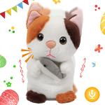 Hopearl Talking Kitty Repeats What You Say Cat with Fish Nodding Electric Interactive Animated Toy Speaking Plush Buddy Gift for Toddlers, 7''