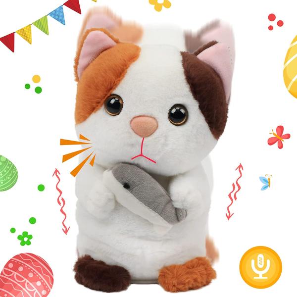 Hopearl Talking Kitty Repeats What You Say Cat with Fish Nodding Electric Interactive Animated Toy Speaking Plush Buddy Gift for Toddlers, 7''