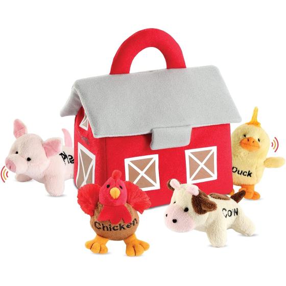 Bundaloo Plush Farm Animal Toys with Sounds - Plushie Play Set with Cute Talking Barn Animals in a Barn Carrier