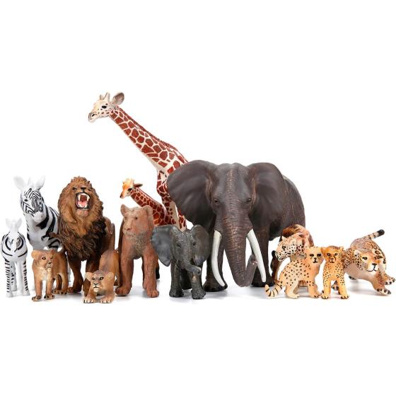 Safari Zoo Animals Figures Toys, 14 Piece Realistic Jungle Animal Figurines, African Wild Plastic Animals with Lion, Elephant, Giraffe Educational Learning Playset for Toddlers, Kids, Children
