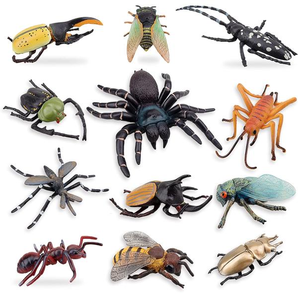 Toymany 12PCS Realistic Insects Figures Toys - Plastic Bugs Figurines Set with Cicada Cricket Scarab Bee Ant Spider - Halloween Party Favor School Project Christmas Birthday Gift for Kids Toddlers