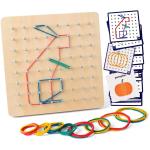 Coogam Wooden Geoboard Mathematical Manipulative Material Array Block Geo Board – Graphical Educational Toys with 30Pcs Pattern Cards and Latex Bands Shape STEM Puzzle Matrix 8x8 Brain Teaser for Kid
