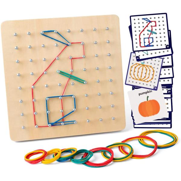 Coogam Wooden Geoboard Mathematical Manipulative Material Array Block Geo Board – Graphical Educational Toys with 30Pcs Pattern Cards and Latex Bands Shape STEM Puzzle Matrix 8x8 Brain Teaser for Kid