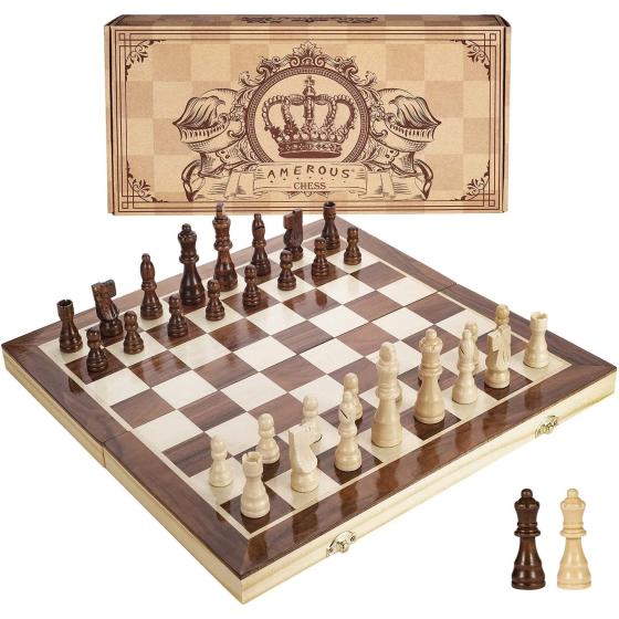 AMEROUS 15 Inches Magnetic Wooden Chess Set - 2 Extra Queens - Folding Board, Handmade Portable Travel Chess Board Game Sets with Game Pieces Storage Slots - Beginner Chess Set for Kids and Adults