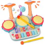 Rabing Baby Musical Instruments Toys, 5 in 1 Toddler Drum & Piano Set, Kids Electronic Piano Keyboard Xylophone Drum Toys Set with Microphone & Lights, Learning Toys Gift for Baby 1 2 3 Years Old