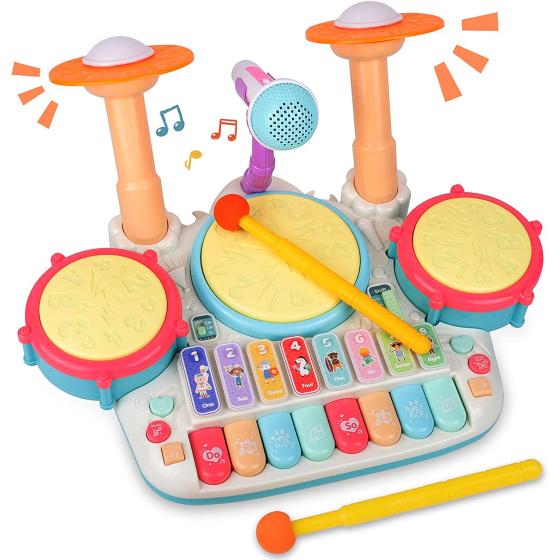 Rabing Baby Musical Instruments Toys, 5 in 1 Toddler Drum & Piano Set, Kids Electronic Piano Keyboard Xylophone Drum Toys Set with Microphone & Lights, Learning Toys Gift for Baby 1 2 3 Years Old