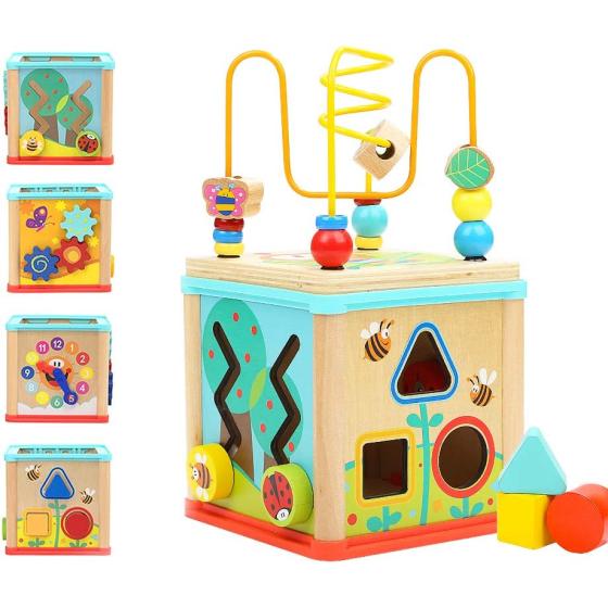 TOP BRIGHT Activity Cube Toys for 1 Year Old Boy Girl, Montessori Wooden Toys for Toddlers, One Year Old First Birthday Gift, Baby Toy for 12-18 Months with Bead Maze Shape Sorter