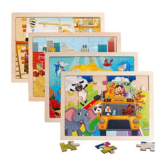 4 Packs 24 PCs Jigsaw Puzzles for Kids Preschool Educational Brain Teaser Boards Toys Animal Zoo Bus Marine World Construction Sites Children Enlightenment 3 Years Old and Up