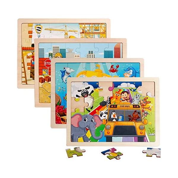 4 Packs 24 PCs Jigsaw Puzzles for Kids Preschool Educational Brain Teaser Boards Toys Animal Zoo Bus Marine World Construction Sites Children Enlightenment 3 Years Old and Up