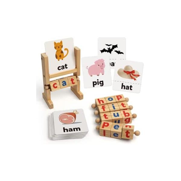 Coogam Wooden Reading Blocks Short Vowel Rods Spelling Games, Flash Cards Turning Rotating Letter Puzzle for Kids, Sight Words Montessori Spinning Alphabet Learning Toy for Preschool Boys Girls
