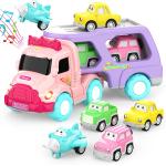 LASCOTON Toys for 1 2 3 Year Old Girl, 5-in-1 Carrier Truck, Toddler Girl Toys, Friction Power Toy Cars with Light & Sound, 1 2 3 Year Old Girl Gifts Birthday for Baby Girl Toys Pink Toys for Girls