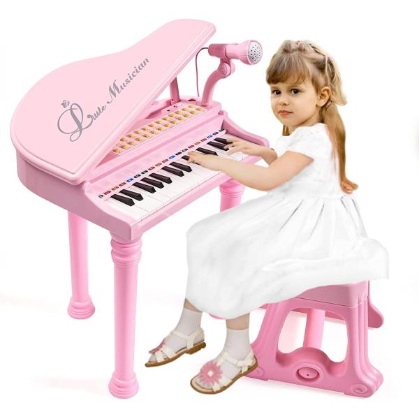 Conomus 31 Keys Piano Keyboard Toy for Kids, Birthday Gift for 1 2 Year Old Girls，Pink Musical Piano Toy for Toddlers with Microphone and Stool