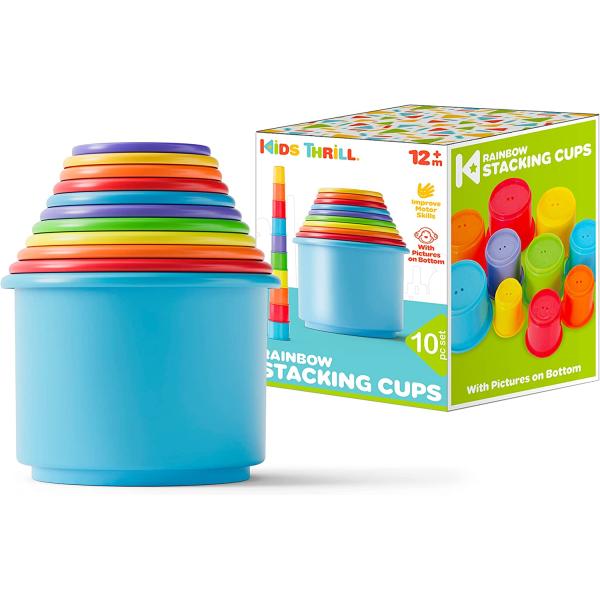 KIDSTHRILL Rainbow Colors Baby Stacking Cups for Toddlers, Tall Baby Stacking Toys Nesting Cups, Drain Holes for Bath Toys, Educational & Motor Skills Sorting Nesting & Stacking Toys For 1 2 Years old